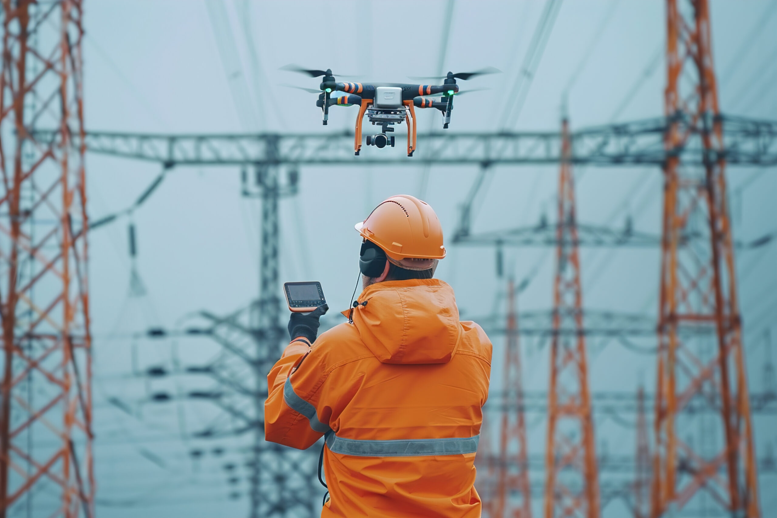 Technician controlling drone near high-voltage power lines, focusing on inspection screen, electrical towers